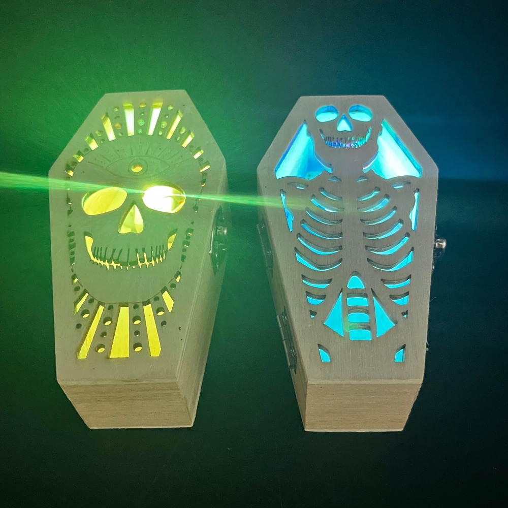 Wood Coffin Trinket Boxes LED Color Changing Skull Skeleton Halloween Decor 2pc - Picture 6 of 11